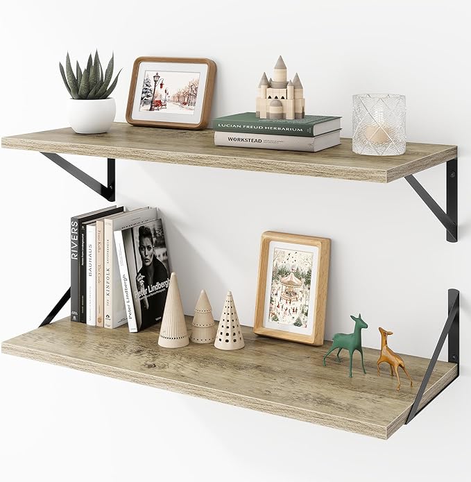 Deep Floating Shelves Wall Mounted, 30"x12" Gray Wall Shelves with Brackets Set of 2 for Bedroom, Living Room, Bathroom, Kitchen, Office - Storage & Display Shelf for Decor, Books, Plants