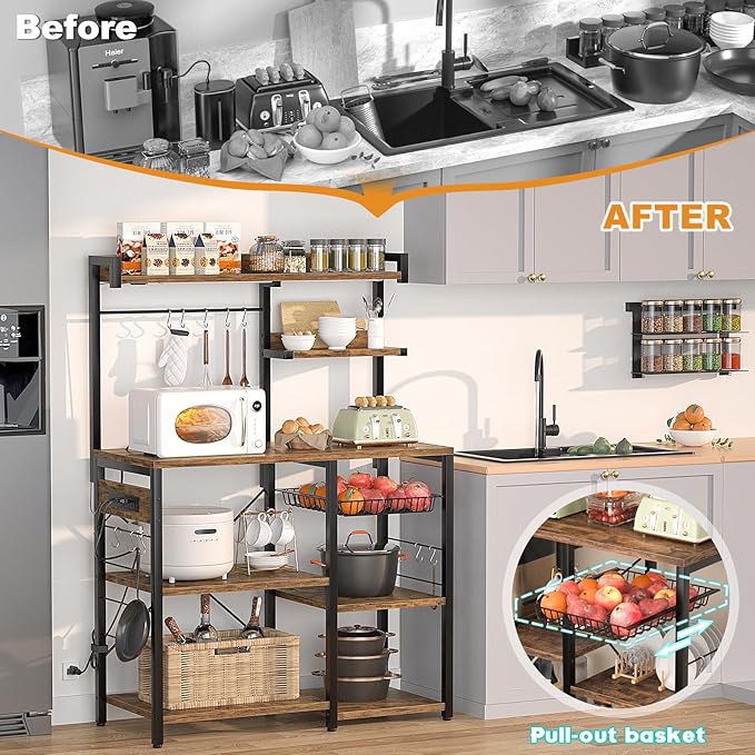Aheaplus Bakers Rack with Power Outlet and LED light strings, Microwave Oven Stand Kitchen Storage Shelf with Wire Basket, Coffee Bar Station Island table with 10 hooks for Spices, Pots, Rustic Brown