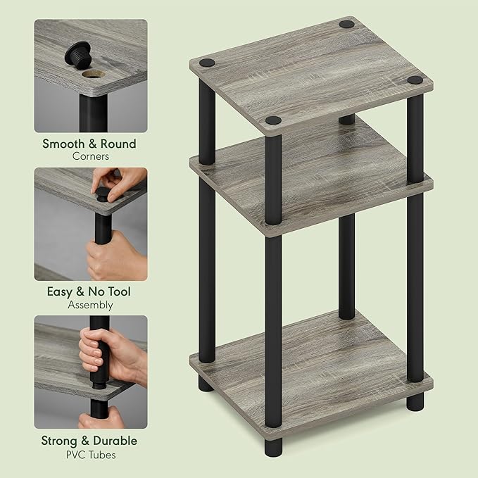 Furinno JUST Side Table Set of 2, 3-Tier End Tables, Open Shelves Night Stand, Nightstand, Toolless Assembly, for Living Room, Bedroom, French Oak