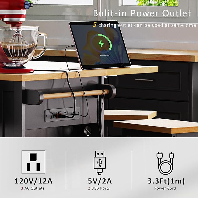 Yayzy Rolling Kitchen Island with Drop Leaf & Storage, Mobile Kitchen Cart on Wheels with 5 Open Shelves, Towel Rack & Power Outlet for Kitchen and Dining Room, Black, 53-Inch