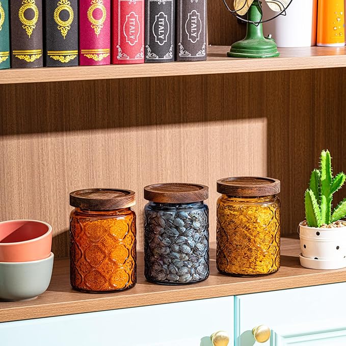 Outus 5 Pcs 23.7oz Vintage Glass Jar with Lids Colored Glass Canisters Jars with Airtight Wooden Lids for Kitchen Counter Flour Sugar Cookie Coffee Tea Storage Containers