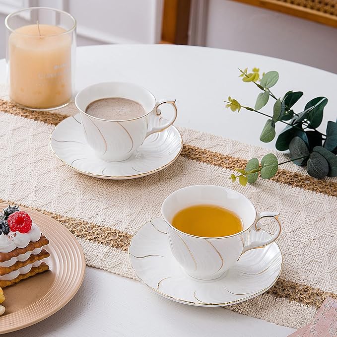 tea cups and saucers ceramic coffee mug 6oz for Coffee, Latte, Cafe Mocha and Tea-Set of 4, White