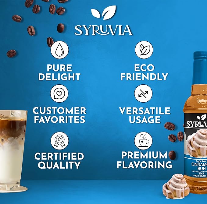 Syruvia Sugar Free Coffee Syrup, Cinnamon Bun Flavored Syrup for Drinks, Lattes, and Desserts – 25.4 fl oz, With Pump