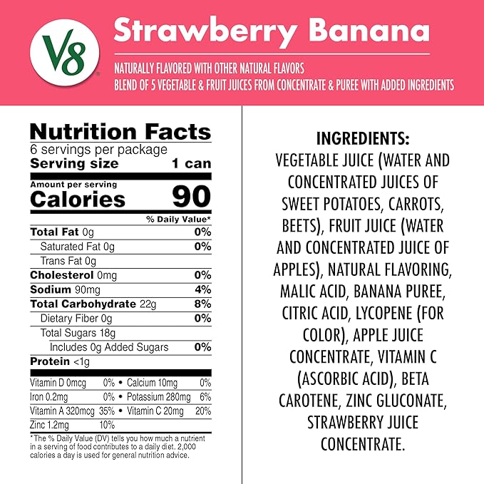 V8 Strawberry Banana 100% Fruit and Vegetable Juice, 8 fl oz Can (24 Pack)