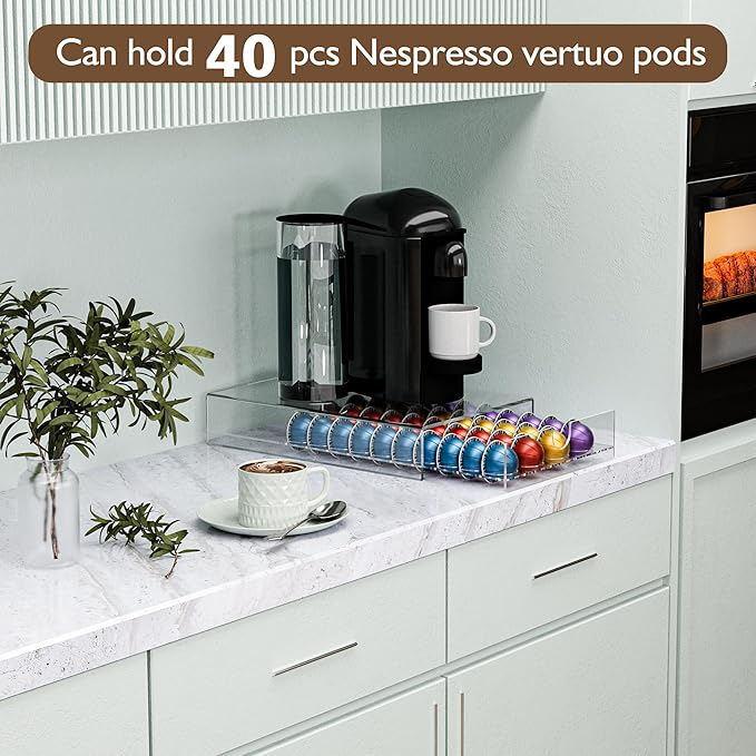 Acrylic Coffee Pod Organizer for Nespresso Vertuo Pod Holder 40 Pods Clear Vertuo Pod Storage Drawer (1 Tier) (Clear)
