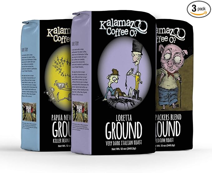 KALAMAZOO COFFEE COMPANY Ground Coffee Variety Pack - Backpackers Blend, Loretta, & Papua New Guinea | 12oz Bag (3 Pack)