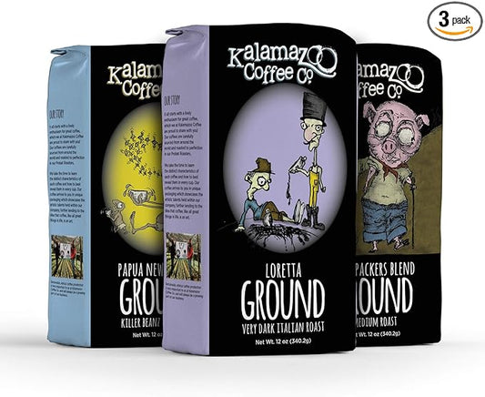 KALAMAZOO COFFEE COMPANY Ground Coffee Variety Pack - Backpackers Blend, Loretta, & Papua New Guinea | 12oz Bag (3 Pack)