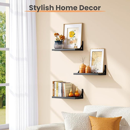 upsimples Floating Book Shelves for Wall, 15.7 Inches Wood Shelves for Living Room, Bathroom, Bedroom, Kitchen Storage and Decoration, Black