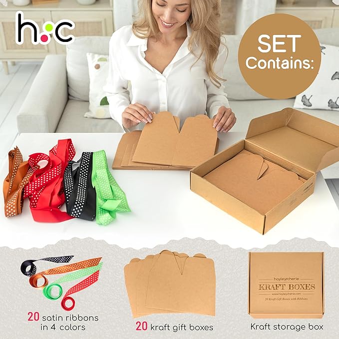 Brown Kraft Cookie Boxes with Lids & Ribbons (20 Pack) 6x5x5 Tall Square Gift Boxes for Mugs, Small Presents, Candles, Baked Goods, Candy, Fudge, Christmas, Decorative Food Packaging, Bulk, Empty