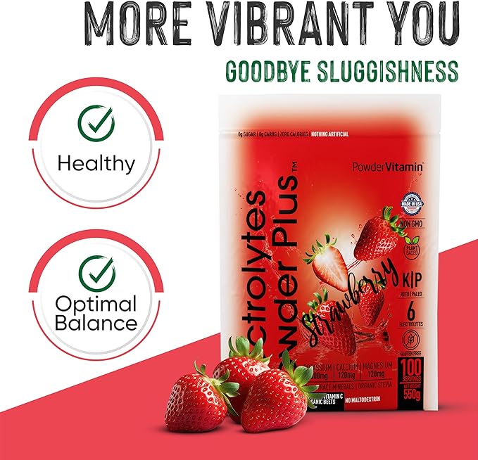 PowderVitamin Electrolytes Powder Plus (100 Servings) Strawberry Electrolyte Powder Zero Calorie Keto,0 Sugar, No Maltodextrin,1000mg Potassium,120mg Calcium,120mg Magnesium, Hydration Powder