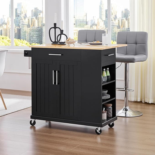 Yaheetech Rolling Kitchen Island Cart with Drop Leaf, Portable Rubberwood Breakfast Bar with Storage Cabinet, Open Shelves & Detachable Towel, 2 Drawers, Black