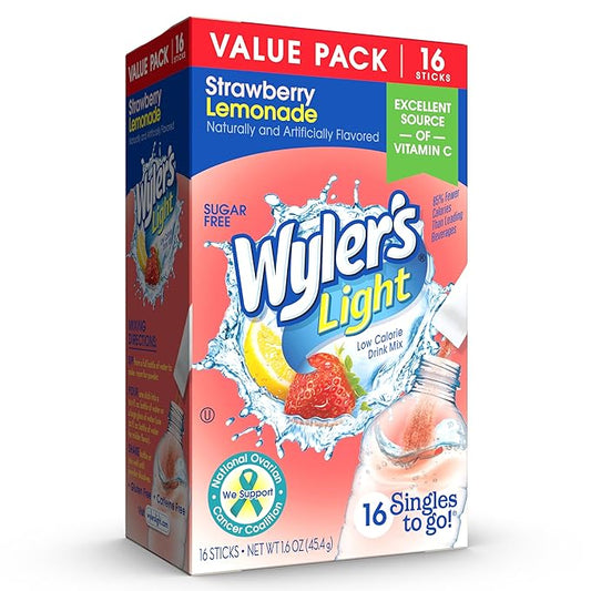 Wyler's Light Singles To Go Powder Packets, Water Drink Mix, Strawberry Lemonade, 16 Count, 6 Boxes (96 Single Servings)