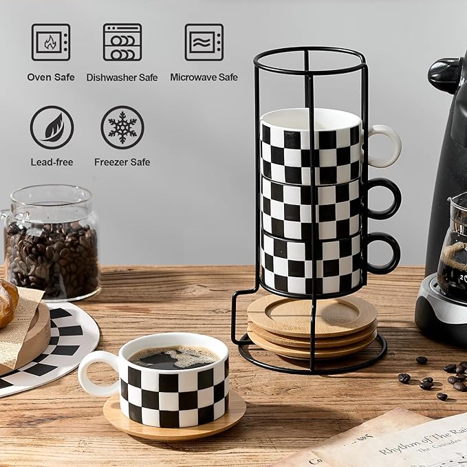 LUKA 6 Ounce Ceramic Stackable Black and White Checkered Espresso Cups with Saucers and Metal Stand Set of 4, Cappuccino Cups Set for Coffee Drinks, Latte, Cafe Mocha and Tea