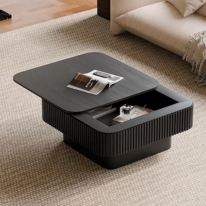SZTHHDF Square Coffee Table for Living Room,Fluted Drum Accent Tea Center Table with Storage,Solid Wood Modern Coffee Tables for Small Space Office Apartment (31.5" L×31.5''W×14''H-Black)