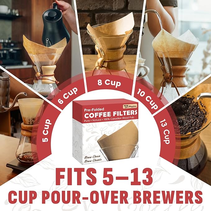 Phyyixs Pre-Folded Unbleached Cone Coffee Filters – Premium Canadian-Imported Thick Paper, Compatible with Chemex Pour-Over Brewers (80 Filters)