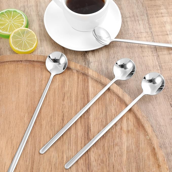 Thinp 4 Pcs Stainless Steel Coffee Spoon, 6.7 Inch Ice Tea Spoon Long Handle Espresso Spoons-Long Spoons for Stirring Cocktail Coffee Tea Ice Cream Dessert Cake (Silver)