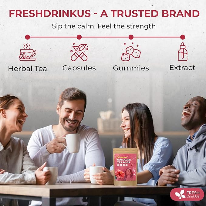 FreshDrinkUS, Premium Collagen Herbal Tea – 30 Tea Bags | Cinnamon Stick, Hibiscus, Dandelion Root, Moringa Leaves, Rose Hip, Ginger, Fennel Seed, Boswellia | Caffeine-Free, Natural Flavorful Blend