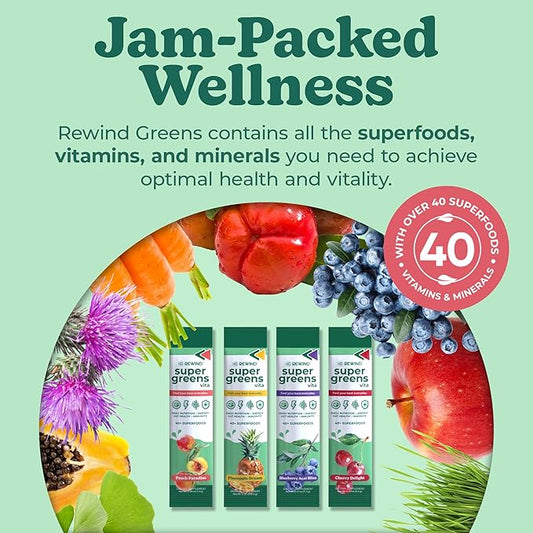 Rewind Best Tasting Vita Variety Sample Stick Pouch - Super Greens Powder Packets - Delicious Green Juice Drink Mix with Amazing Flavor - Over 40 Superfoods - Variety Pack (12 Sticks)