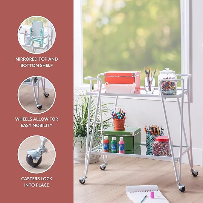 Gina White Mid-Century Bar Cart with Mirrored Shelves and Locking Wheels by Linon