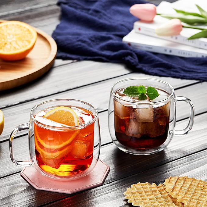 Unbreakable Double Walled Glass Coffee Mugs 10 fl oz, Borosilicate Glass, Insulated Coffee Mugs Set of 4, Microwave & Refrigerator Safe
