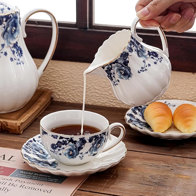 ceramic tea cup and saucer set of 4,floral teacup sets for Coffee, Latte, Cafe Mocha and Tea (Dark blue flowers)