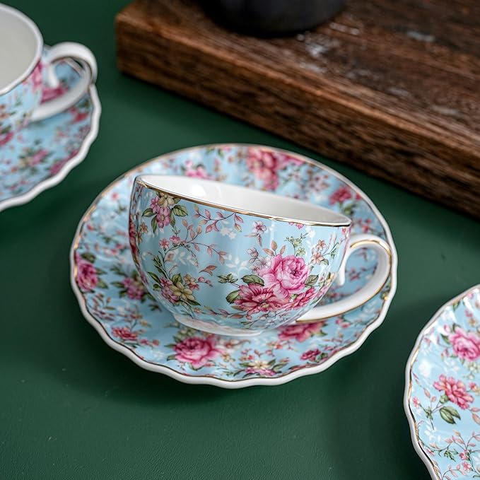 Tea Cup and Saucers, 6.4oz Floral Tea Cups with Gold Trim, Porcelain Teacup, Coffee Cappuccino Espresso Latte Mugs for Party Birthday,Party Cafe Home, Christmas Gift (Blue)