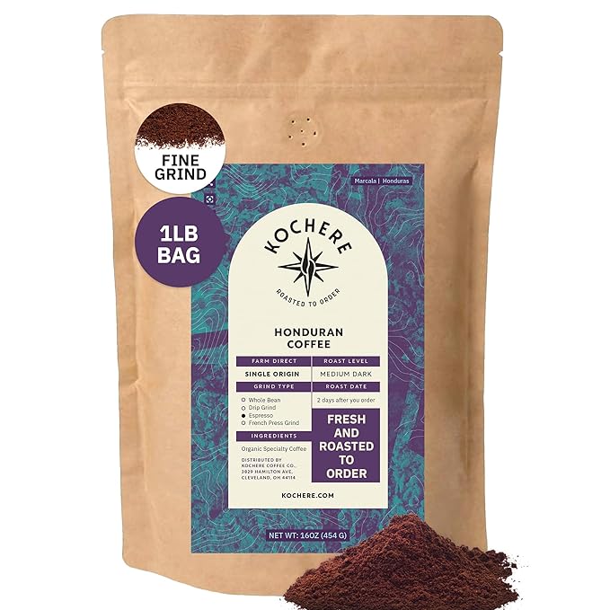 Kochere Organic Honduran Specialty Coffee – 1LB Fine Grind – Freshly Roasted to Order – Single Origin, Farm Direct, Rich Flavored Coffee – Caramel, Spice & Brown Sugar Notes