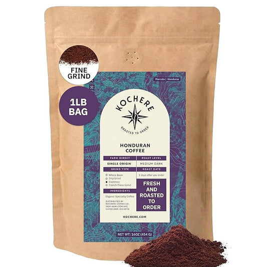 Kochere Organic Honduran Specialty Coffee – 1LB Fine Grind – Freshly Roasted to Order – Single Origin, Farm Direct, Rich Flavored Coffee – Caramel, Spice & Brown Sugar Notes