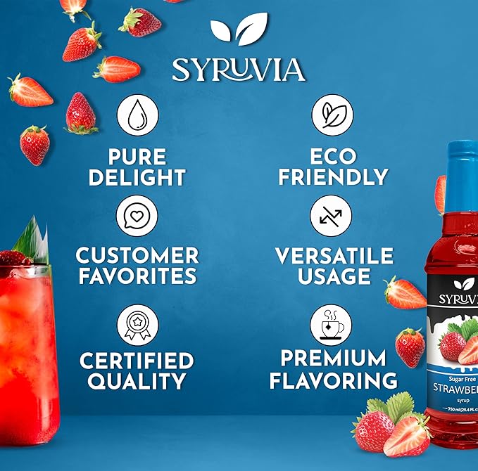 Syruvia Sugar-Free Strawberry Syrup, Flavored Syrup for Drinks, Cocktails, Lemonades, Iced Teas, and Desserts – 25.4 fl oz, With Pump