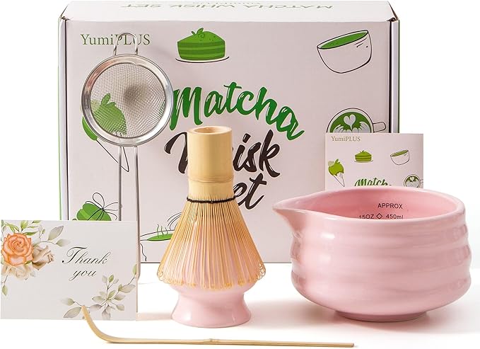 5pcs Premium Matcha Set,Ceramic Bowl with Spout and Bamboo Whisk set, Ceremonical Matcha Kit for breakfast/latte,Tea Starter Making Kit,Unique Matcha Gift set (pink)