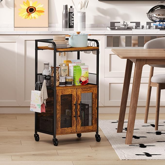 Small Coffee Bar Cabinet with Storage, 3-Tier Rolling Coffee Bar Table, Farmhouse Coffee Cart Station with 2 Doors for Living Room, Dining Room, Rustic Brown