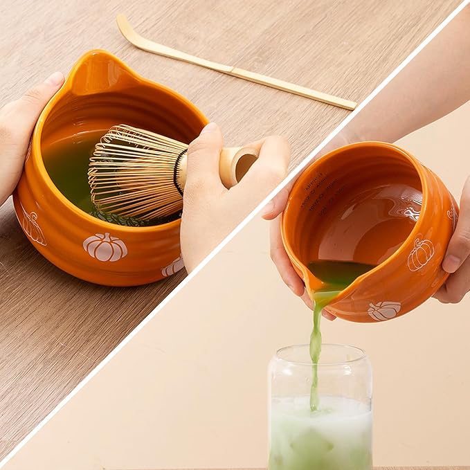 5pcs Pumpkin Matcha Set,Ceramic Bowl with Spout and Bamboo Whisk set, Ceremonical Matcha Kit for breakfast/latte,Tea Starter Making Kit,Unique Matcha Halloween Thanksgiving Gift set (pumpkin)