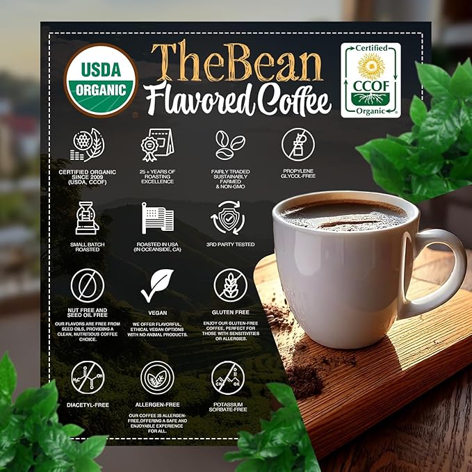 The Bean Organic Coffee Company Water Processed DECAF Egg Nog, Medium Roast, Ground Coffee, 16-Ounce Bags (Pack of 2), Café Molido Tostado Orgánico descafeinado