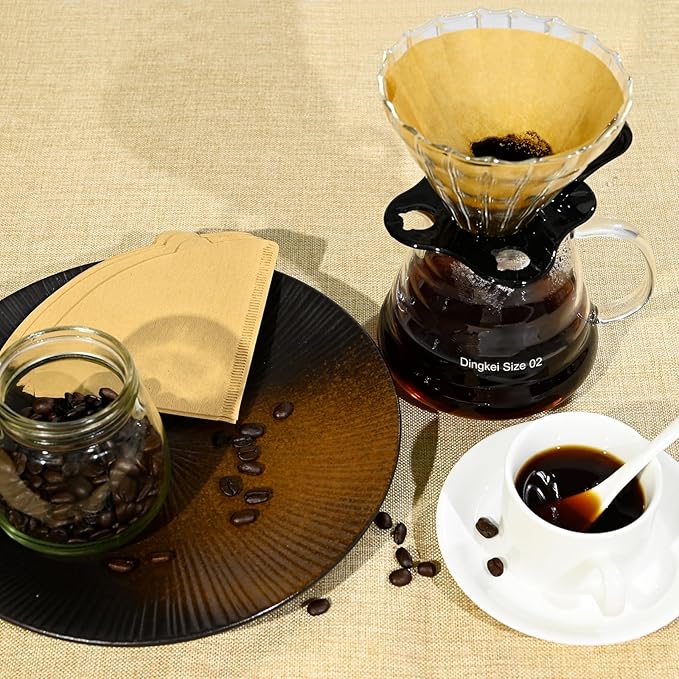 Dingkei 200 Count Cone Coffee Filters Size 02, Coffee Filters 2 Cone Paper, Pour Over Filters Compatible with V60 Dripper and Drip Coffee Maker, Unbleached Natural Brown