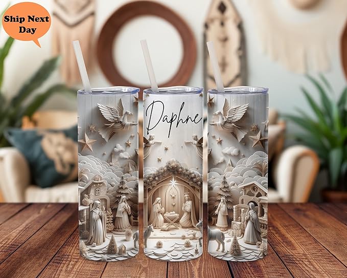 Custom Nativity Scene Tumbler with Straw, Personalized Christmas Religious Themed Insulated Drinkware, 20 oz