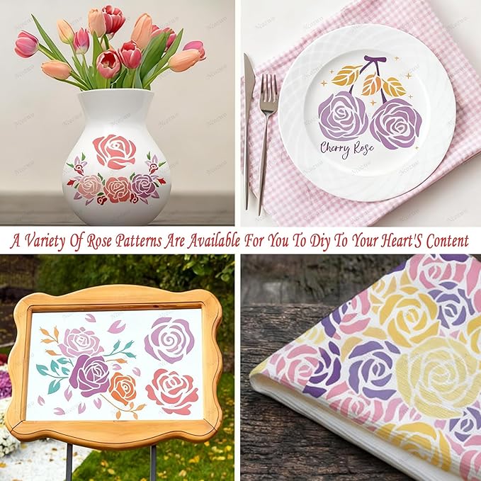 Rose Flower Cake Stencils Kit Reusable Floral Cookie Coffee Stencil Drawing Template for Valentines Day Dessert Buttercream Painting DIY Crafts Decor (23 Pcs)