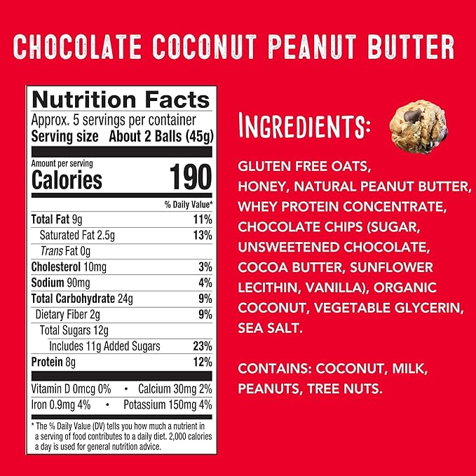 simplyFUEL Whole-Food Protein Balls (Chocolate Coconut Peanut Butter), 8 g High-Protein, Gluten-Free, Healthy Snack for Adults & Kids, 9.6 oz