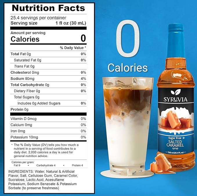 Syruvia 4 Pack Sugar-Free Salted Caramel Coffee Syrup – 25.4 fl oz - Syrup for Coffee, Lattes, Shakes, Smoothies, Desserts – 100% Vegan, Gluten Free, Kosher – No-Calorie Coffee Syrup