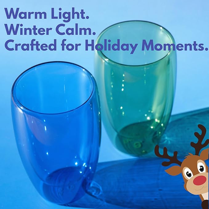 Double Wall Glass Cup 15oz Insulated Coffee Mug for Coffee Tasting Christmas Drinks Home Café Cozy Nights Holiday Gifts Set in Ocean Blue/Botanic Green