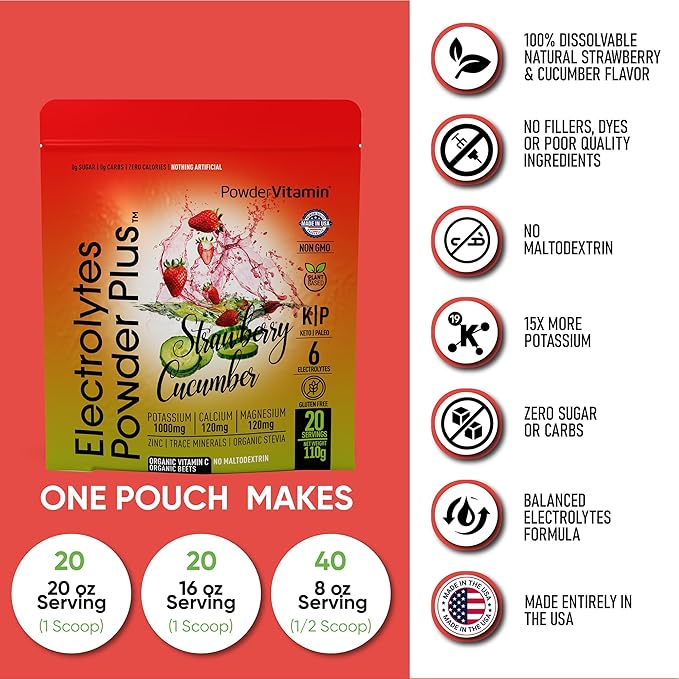 PowderVitamin Electrolytes Powder Plus (20 Servings) Strawberry Cucumber Electrolyte Powder Zero Calorie Keto,0Sugar,No Maltodextrin,1000mg Potassium,120mg Calcium,120mg Magnesium, Pink Himalayan Salt