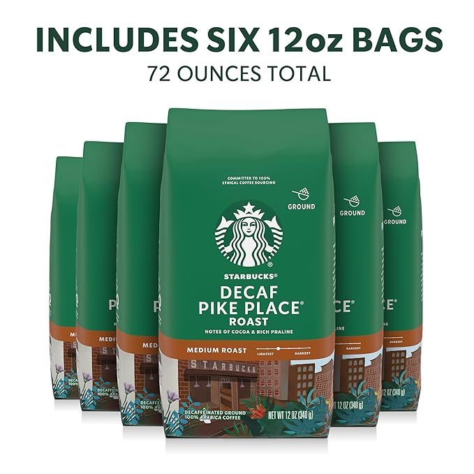 Starbucks Ground Coffee, Medium Roast Hot or Iced Coffee, Decaf Pike Place Roast, Six 12 oz Bags