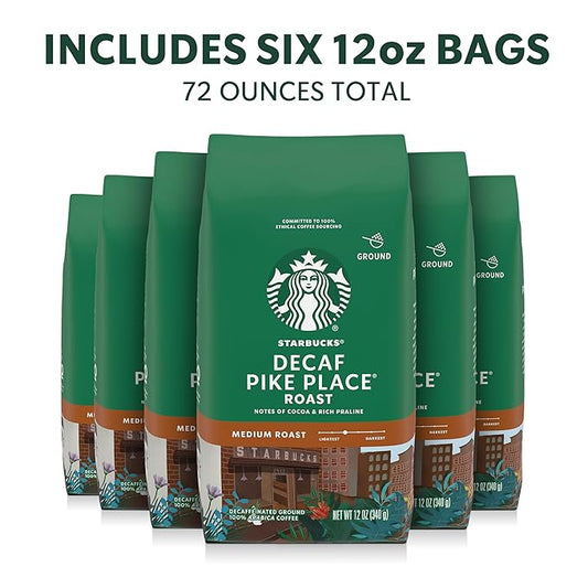 Starbucks Ground Coffee, Medium Roast Hot or Iced Coffee, Decaf Pike Place Roast, Six 12 oz Bags