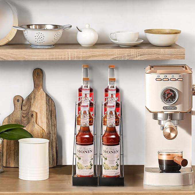 mustry Coffee Syrup Rack for Coffee Bar Accessories, Coffee Syrup Holder Fits with Torani and Monin Syrup, Coffee Bar Organizer Holds 4 Bottles, 2 Pack