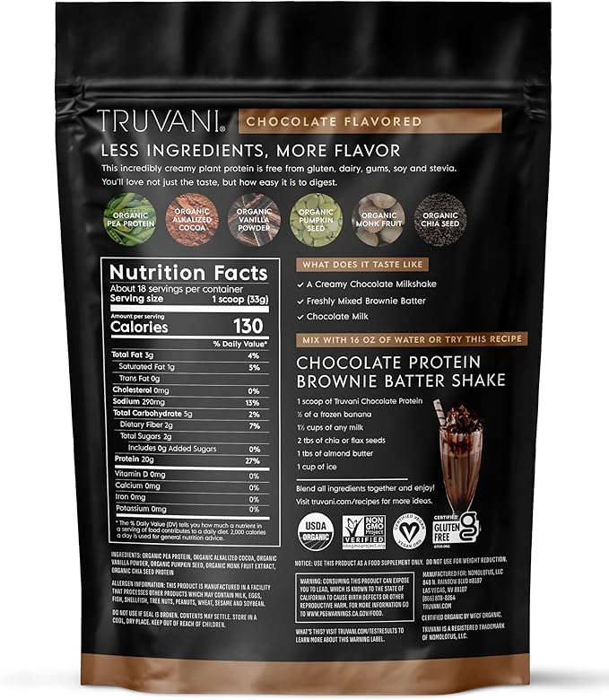 Truvani Vegan Pea Protein Powder | Chocolate | 20g Organic Plant Based Protein | 18 Servings | Keto | Gluten & Dairy Free | Low Carb | No Added Sugar
