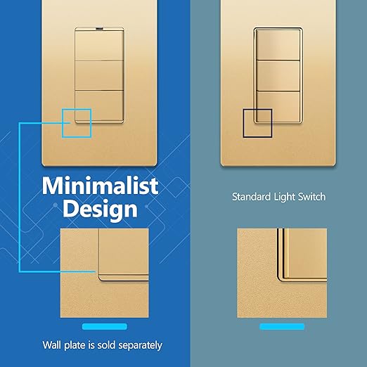 LIDER Minimalist Design Matte Finish Lighted Triple Switch, Combination Frameless Decorator Switch with Locator Light, Ground Terminal, Single Pole, 15A 120-277V, UL Listed, LCS3-1P-GD, Gold