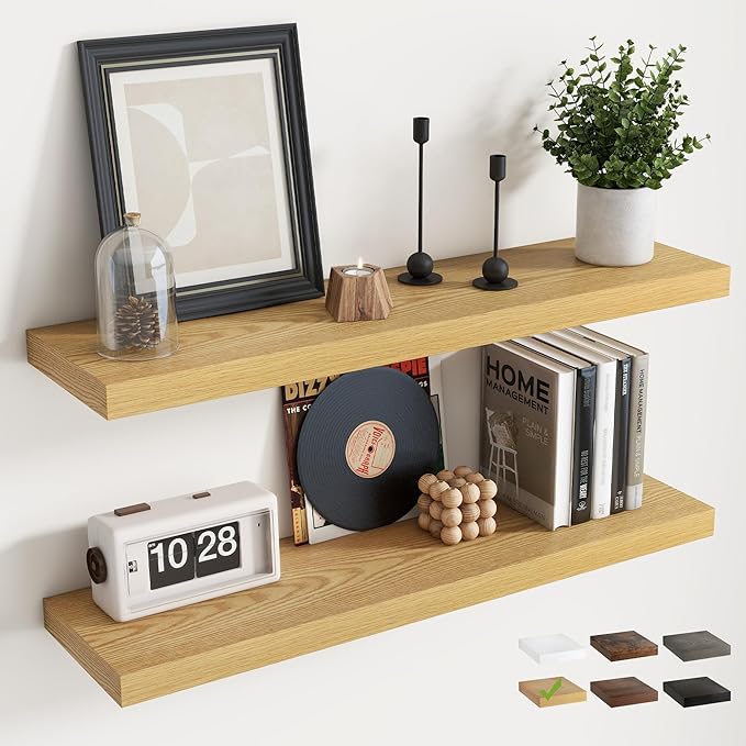 Floating Shelves for Wall with Invisible Brackets, Wall Mounted Engineered Wood Shelves with Wood Grain for Living Room, Bedroom, Bathroom, Kitchen Decor and Storage, Oak, 24"L Set of 2, Oak