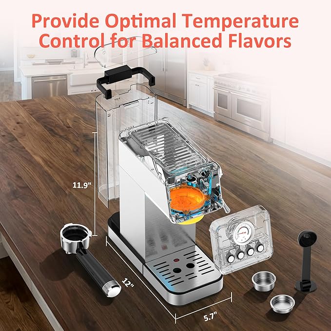 20 Bar Espresso Machine, Adjustable Espresso Machine with Milk Frother, Espresso Maker with Removable Water Tank, Compact Size for Home & Office, Cup Warmer for Home Barista