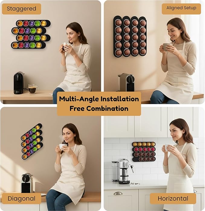 Bamboo Coffee Pod Holder, Adhesive Wall Mount (No Drilling) for Inside Cabinet Door, 20-Capsule Storage (Set of 4), Vertical & Horizontal, Compatible with Nespresso Vertuo Line-Black