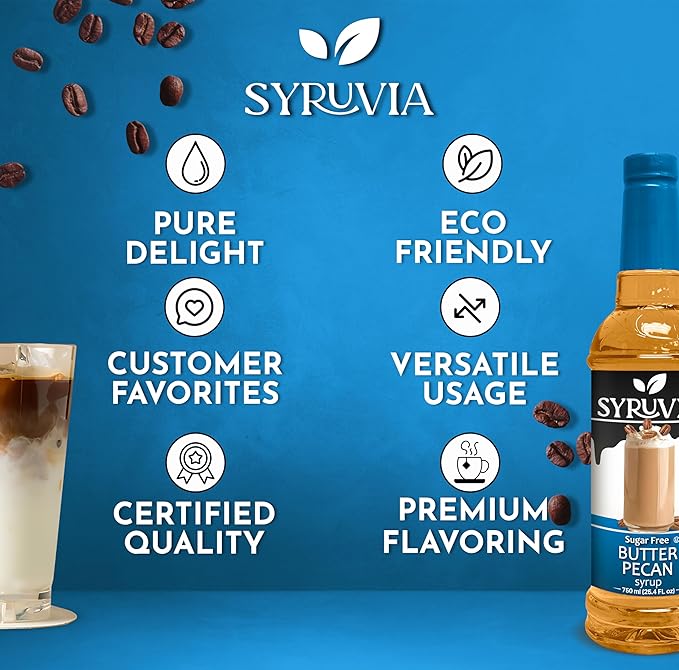 Syruvia Sugar Free Coffee Syrup, Butter Pecan Flavored Syrup for Drinks, Lattes, and Desserts – 25.4 fl oz, With Pump