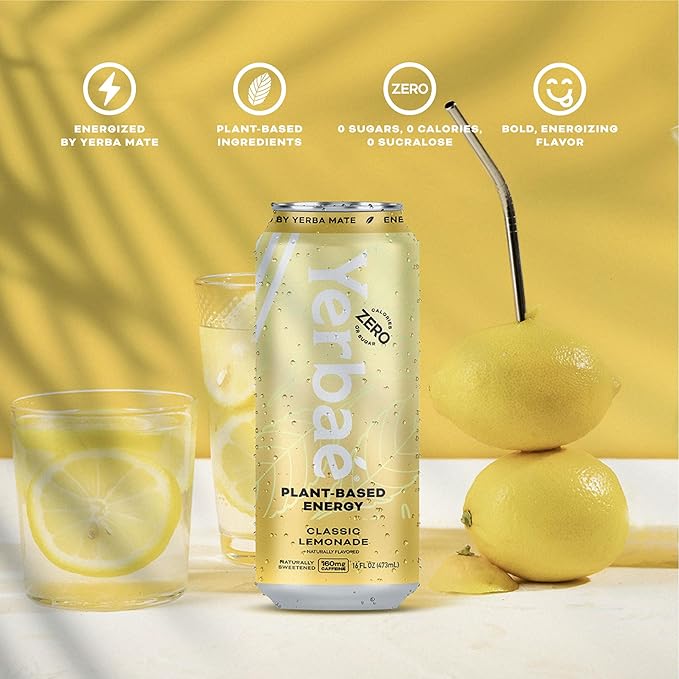Yerbae Classic Lemonade Energy Drink – Plant-Based, 0 Sugar, 160mg Caffeine, 16oz Cans (12 Pack)